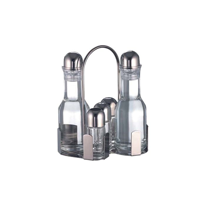 Set Stresa. olio/aceto/sale/pepe/stecchi. in acciaio inox 18/10 e vetro